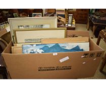 BOX CONTAINING MIXED PICTURES, PRINTS, WATERCOLOURS ETC
