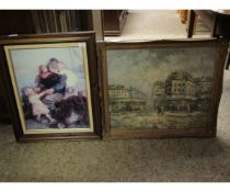 PRINT OF A FISHERMAN AND CHILDREN TOGETHER WITH A FURTHER CONTINENTAL OIL ON CANVAS