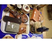 TRAY CONTAINING A SOFTWOOD TRIBAL TYPE CLUB, A PRESSED PEWTER BOX, SHELLS, AN ENAMELLED FLASK ETC