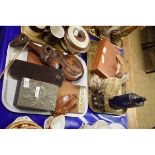 TRAY CONTAINING A SOFTWOOD TRIBAL TYPE CLUB, A PRESSED PEWTER BOX, SHELLS, AN ENAMELLED FLASK ETC