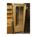 BEECHWOOD EFFECT SINGLE GLAZED DOOR BOOKCASE WITH DISPLAY CABINET WITH TWO DRAWERS TO BASE
