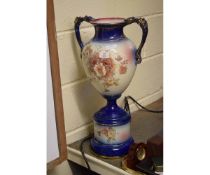 VICTORIAN TWO-HANDLED VASE ON STAND WITH FLORAL PRINTED DECORATION