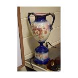 VICTORIAN TWO-HANDLED VASE ON STAND WITH FLORAL PRINTED DECORATION