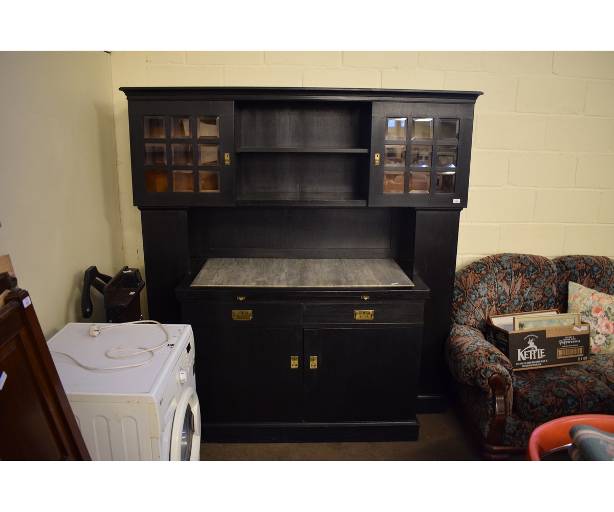 GOOD QUALITY EBONISED SIDEBOARD WITH TWO GLAZED DOORS AND OPEN SHELF WITH MARBLE TOP WITH TWO