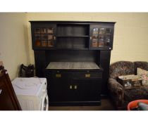 GOOD QUALITY EBONISED SIDEBOARD WITH TWO GLAZED DOORS AND OPEN SHELF WITH MARBLE TOP WITH TWO