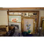 GILT FRAMED MIRROR, THREE STILL LIFE PICTURES (4)