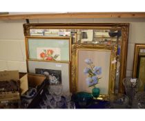 GILT FRAMED MIRROR, THREE STILL LIFE PICTURES (4)