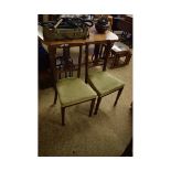 PAIR OF EDWARDIAN SPLAT BACK DINING CHAIRS WITH GREEN UPHOLSTERED SEAT ON TAPERING SQUARE SPADE