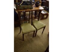 PAIR OF EDWARDIAN SPLAT BACK DINING CHAIRS WITH GREEN UPHOLSTERED SEAT ON TAPERING SQUARE SPADE