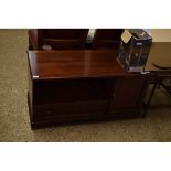 REPRODUCTION MAHOGANY TV CABINET WITH OPEN SHELF AND DROP FRONTED CUPBOARD DOOR BESIDE A PANELLED