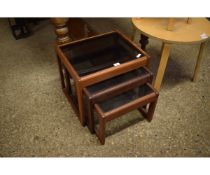 RETRO TEAK SET OF THREE NESTING TABLES WITH GLASS TOPS