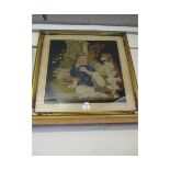 VICTORIAN GILT FRAMED WOOL WORK OF A YOUNG CHILD AND HIS DOG