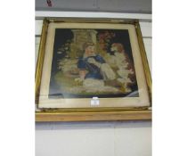 VICTORIAN GILT FRAMED WOOL WORK OF A YOUNG CHILD AND HIS DOG