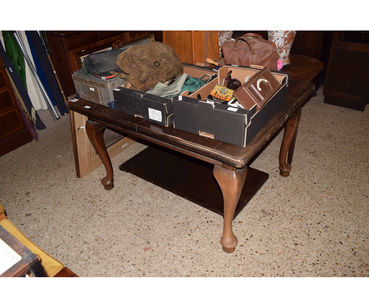 MAHOGANY FRAMED EXTENDING DINING TABLE WITH ONE EXTRA LEAF RAISED ON PAD FEET