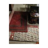 MODERN FLOOR CARPET TOGETHER WITH A FURTHER CREAM AND RED GROUND FLOOR CARPET WITH GEOMETRIC DESIGNS
