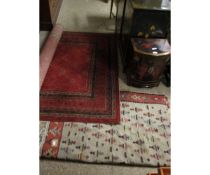 MODERN FLOOR CARPET TOGETHER WITH A FURTHER CREAM AND RED GROUND FLOOR CARPET WITH GEOMETRIC DESIGNS