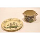 18th century cream ware plate, probably Wedgwood, decorated with a sailing ship, together with a