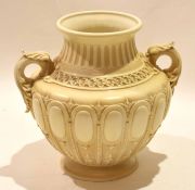Late 19th century Royal Worcester vase, Shape 1544, with an ivory type design and fish handles, 23cm