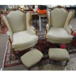 Pair of late 19th century wing back armchairs, C-scroll moulded cresting rails and similar bowed