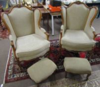 Pair of late 19th century wing back armchairs, C-scroll moulded cresting rails and similar bowed