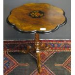 Late 19th century mahogany pedestal table, pie-crust edge and inlaid central panel raised on a