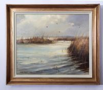 AR Wilfred Stanley Pettitt (1904-1978), River scene with reeds, oil on canvas, signed lower left, 50