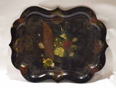 Large 19th century papier mache tray, of shaped rectangular form, the centre painted with the