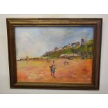 Wendy Moore (20th century), Beach scene with figures, oil on board, signed lower right, 29 x 39cm