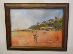 Wendy Moore (20th century), Beach scene with figures, oil on board, signed lower right, 29 x 39cm