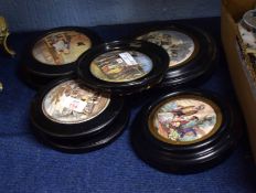 Group of 19th century pot lids, various titles including "Embarking for the East", "Shakespeare's