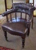 Late 19th century mahogany framed desk tub chair, upholstered in brown leather button back raised on