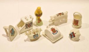 Group of crested ware items with various crests, one for Gorleston on Sea commissioned by J