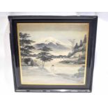 Japanese embroidery of figures with Mount Fuji in the background, in a black lacquer frame, the