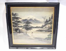 Japanese embroidery of figures with Mount Fuji in the background, in a black lacquer frame, the