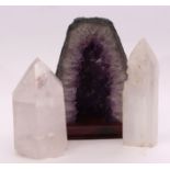 Large amethyst crystal mounted geode and two further agate/hardstone examples, 24, 24, and 22cm high