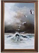 AR David Feather (1952-2005), Gulls in Flight over a Coast , oil on canvas, with feather device