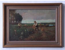 AR Charles Mayes Wigg (1889-1969), "The Reedcutters", oil on canvas, signed lower left, 33 x 47cm