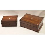 Two rosewood pewter inlaid and strung boxes each with void interior, 25cm and 30cm wide