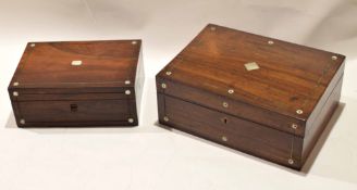 Two rosewood pewter inlaid and strung boxes each with void interior, 25cm and 30cm wide