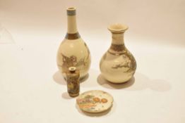 Group of Japanese Satsuma earthenware wares comprising a baluster vase decorated in gilt with a