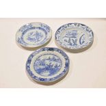 Group of three 18th century Chinese export plates with blue and white designs, two with a brown line