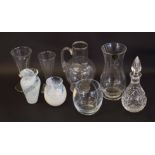 Group of glass wares including a Mdina crystal glass vase, a cut glass decanter, fluted glass with