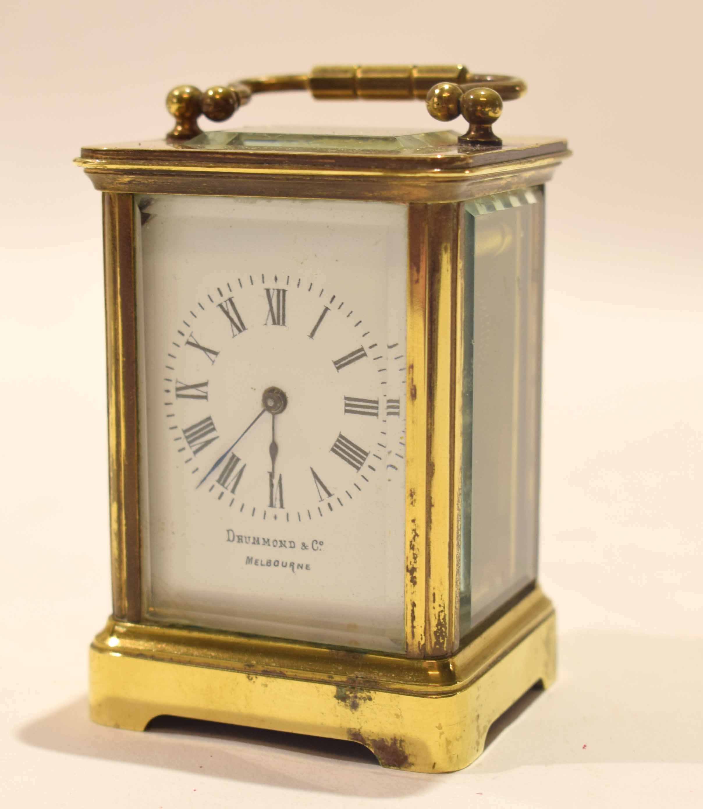 Miniature brass carriage clock, retailer's name Drummond & Co of ...