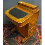 Victorian walnut boxwood strung and inlaid Davenport, the top with raised stationery compartment