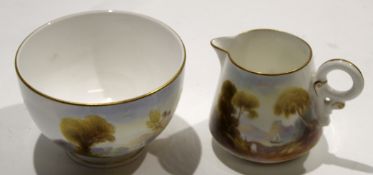 Royal Worcester sugar bowl with puce mark, along with milk jug, both with landscape views by Rushton