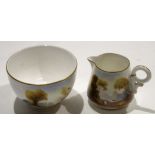 Royal Worcester sugar bowl with puce mark, along with milk jug, both with landscape views by Rushton