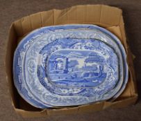 Quantity of 19th century pottery blue and white dishes, various sizes (6), largest 34cm long