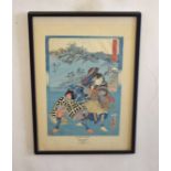 Japanese wood block print of wrestlers after Hiroshige in black wooden frame, the print 35cm long