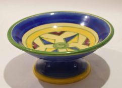 Clarice Cliff style tazza with geometric pattern and Newport Pottery stamp to base