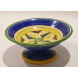 Clarice Cliff style tazza with geometric pattern and Newport Pottery stamp to base